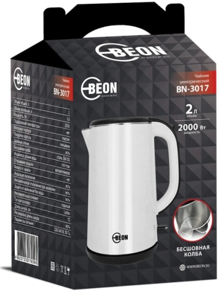5. Чайник BEON BN-3017, 2л, 2000Вт, бесшовная колба, двойные стенки-эффект термоса, автом
