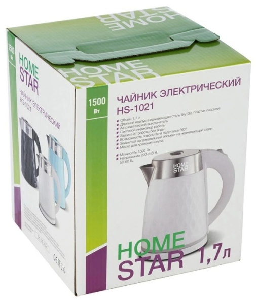3. Чайник HOMESTAR HS-1021 1,7 л, 1,5кВт, белый, двойной корпус