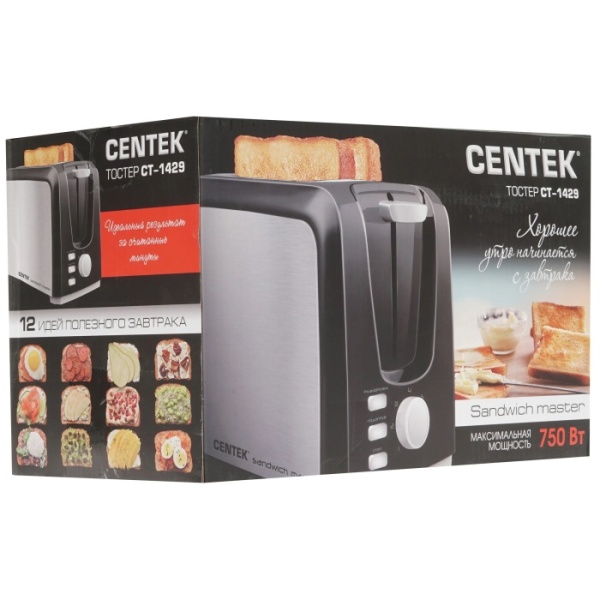 3. Тостер Centek CT-1429 750Вт, 7 ур. прожарки, 2 тоста, поддон, стоп, подогрев, разморозка