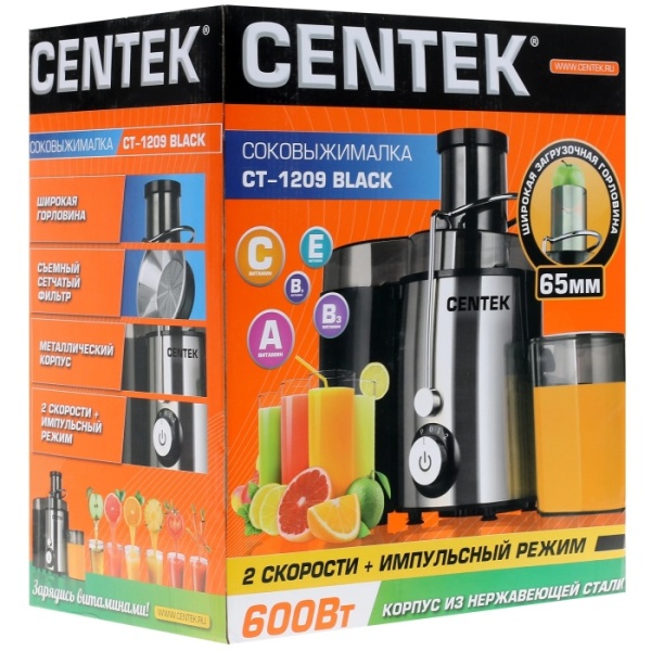 5. Соковыжималка Centek CT-1209 Black 600Вт,2скор,горловина 65мм