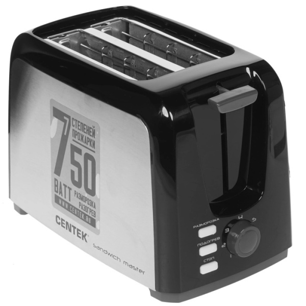 1. Тостер Centek CT-1429 750Вт, 7 ур. прожарки, 2 тоста, поддон, стоп, подогрев, разморозка