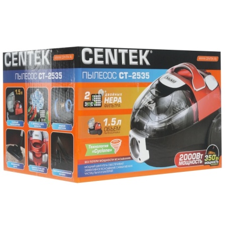 5. Пылесос Centek CT-2535  циклон 2000-350Вт, 2 HEPA фильтра, телескоп металл. трубка