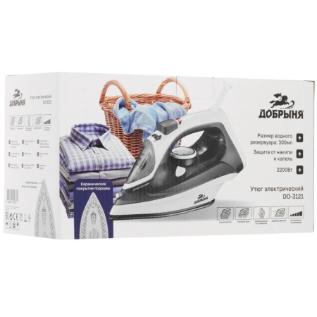 5. Утюг Добрыня DO-3121 2200Вт, керам, верт.отп, 300мл. черно-белый
