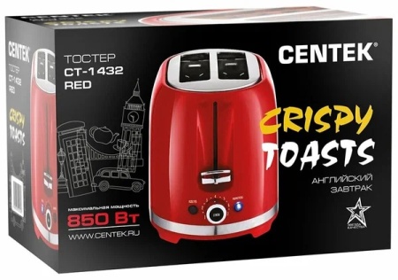 3. Тостер Centek СТ-1432   850Вт, 7 ур. прожарки, 2 тоста, поддон, стоп, подогрев, разморозка