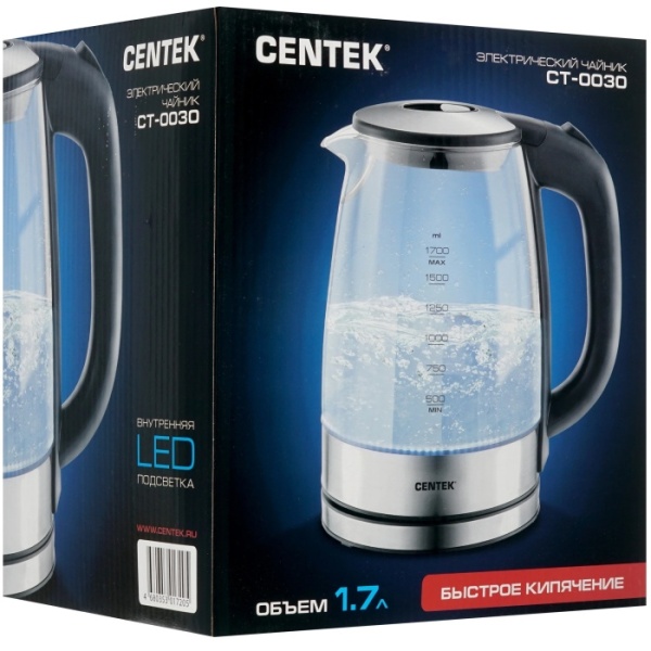 5. Чайник Centek CT-0030 стекло 1.7л, 2200Вт, внутр. LED подсветка,защита от вкл б-воды