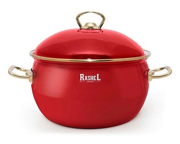 Кастрюля RASHEL PREMIUM R1818 3л, эмаль, эмал.крышка, ручки золото, красная