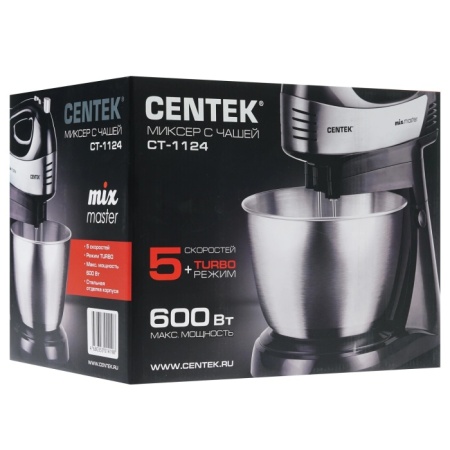 3. Миксер с чашей Centek CT-1124 (черн-сталь) 600Вт, 5 скоростей +турбо, чаша 3.0л