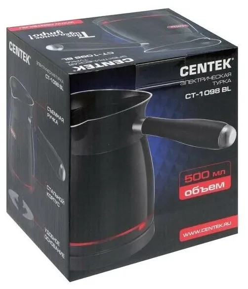 3. Электрическая турка Centek CT-1098 0.5л, 1000Вт, нерж.сталь, съемная мягкая ручка
